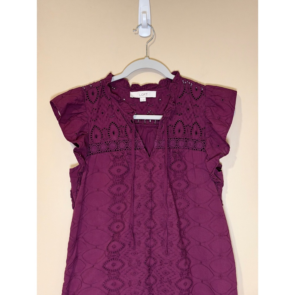 LOFT Womens Blouse Plum Small Eyelet Ruffle Boho Peasant Top Cottagecore Summer - Picture 4 of 6